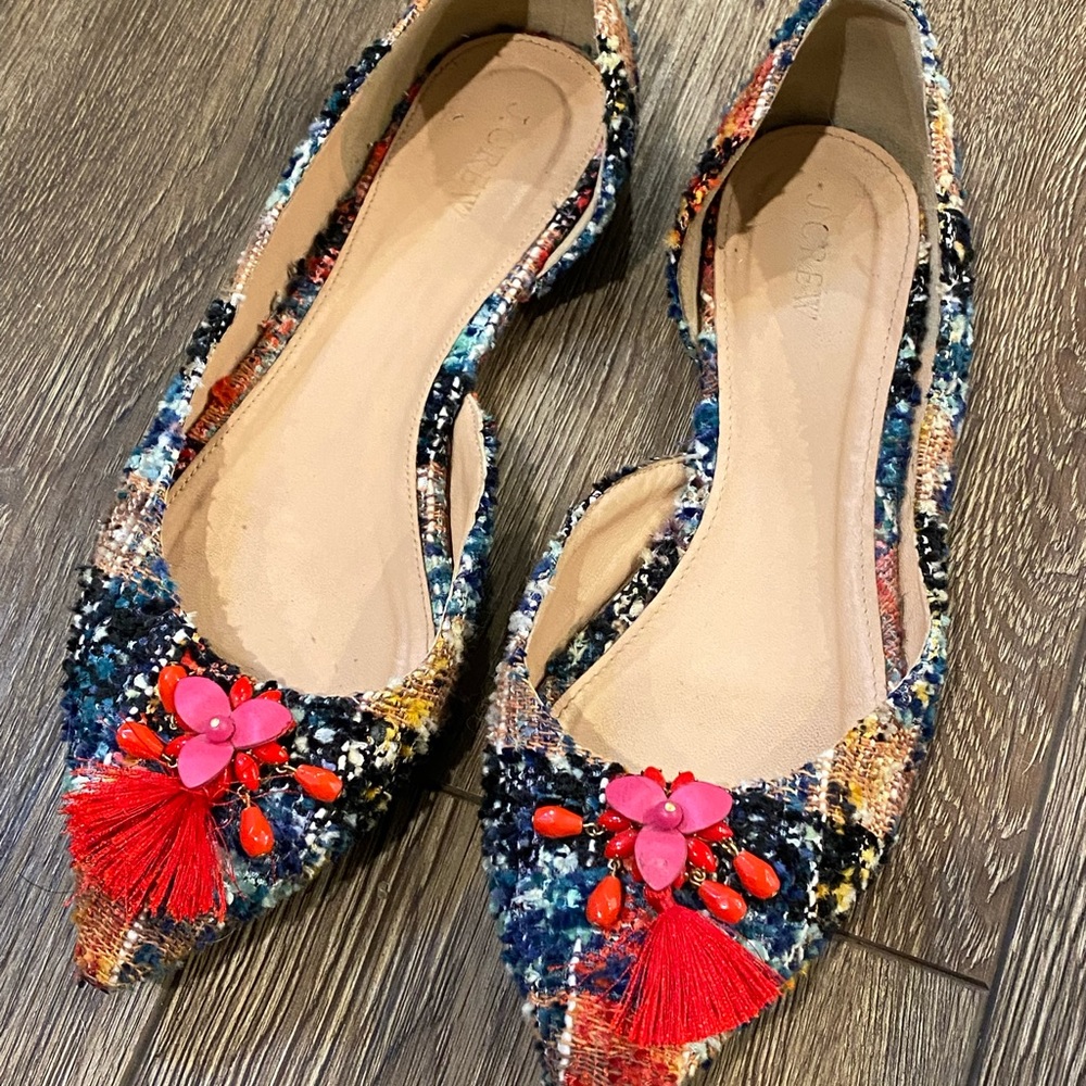 J Crew Audrey pointed tweed flats with toe embellishment